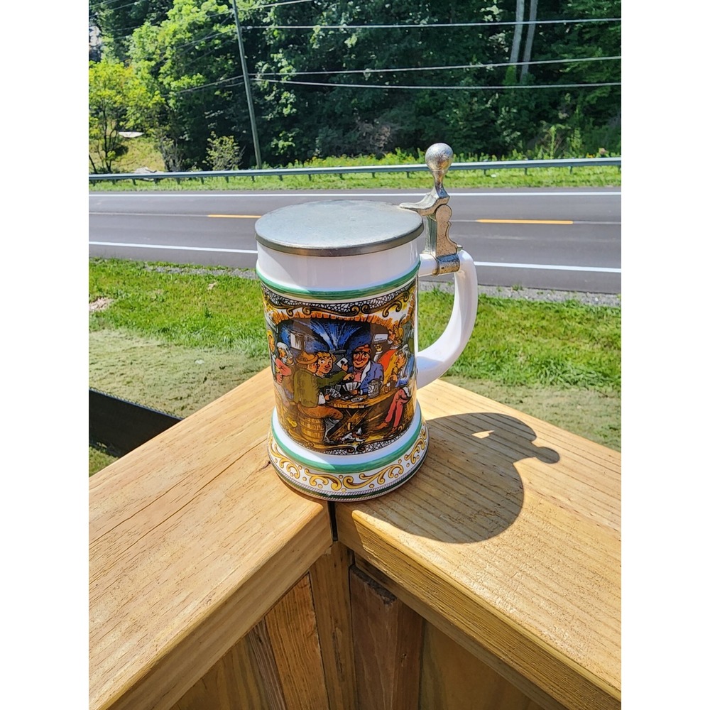BMF Bierseidel Colorful German Beer Stein‎ Mug White Milk Glass PEWTER LID